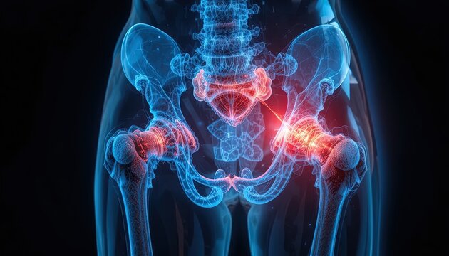 3D Medical Visualization of Human Hip Bones and Pelvis with Pain Indication in Red for Educational or Healthcare Use