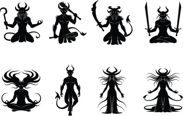 Fototapeta premium Dark demon silhouettes collection with horns weapons and mystical poses, fantasy evil characters vector set isolated on light background