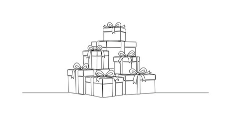 Fototapeta premium Celebratory Gifts. Minimalistic one-line drawing stacked presents with bows, continuous single black line on white background, simple outline style, no