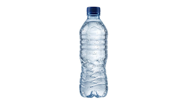 Clear plastic water bottle with blue cap on white background isolated full of water