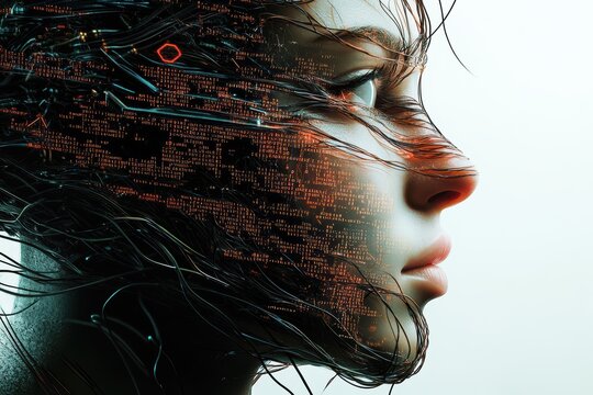 Human face half-covered by machine code and wires in a minimalist graphic layout in 8K resolution