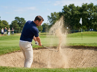 Obraz premium Professional golfer hitting a ball out of a sand bunker on a sunny day.