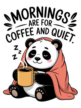 A cute cartoon illustration of a sleeping panda wrapped in a coral-colored blanket, holding a golden coffee mug with steaming hot coffee