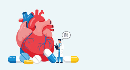 Fototapeta premium Human Heart With Pills And Doctor Illustration.