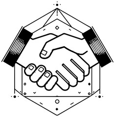 Obraz premium Symbolic line art illustration of two hands in a firm handshake representing agreement partnership and successful collaboration within a geometric hexagonal frame conveying trust