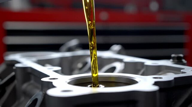 Motor engine part being lubricated with golden oil during maintenance in a workshop