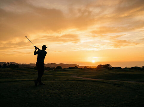 Silhouette of a Golfer Playing on Course During Golden Sunset