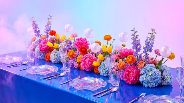Vibrant table setting with floral arrangement and bubbles. Trendy event decor composition perfect for wedding styling luxury celebration design 