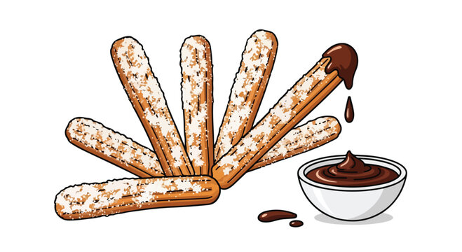 Flat lay illustration of churros with powdered sugar next to a bowl of chocolate sauce on a clean white background.