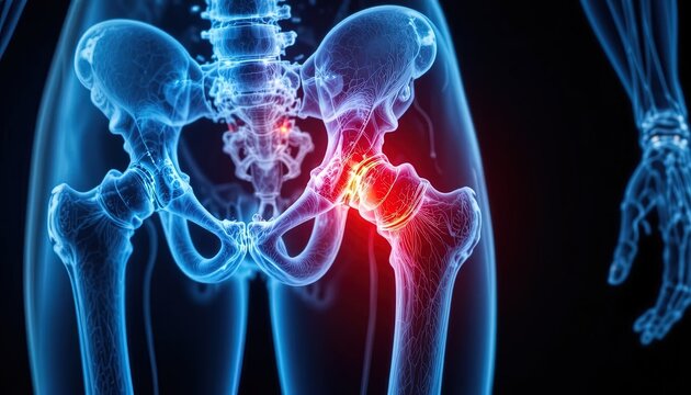 X-Ray Image of Human Hip Showing Joint Pain and Inflammation, Medical Illustration, Healthcare Visualization