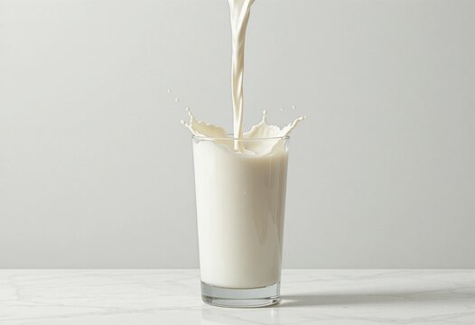 Milk pouring into glass with splash on clean white background
