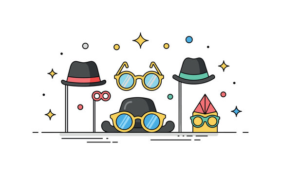 Stage props comedy show scene where humorous props such as oversized glasses and hats are arranged while small sparkle and star icons emphasize fun,