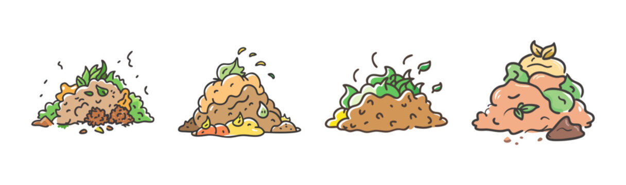 Compost heaps with organic waste, leaves, and soil, decomposing material