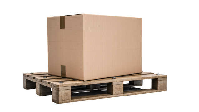 Large brown cardboard box with sealed flaps resting securely on a weathered wooden pallet, isolated on transparent background for shipping concepts
