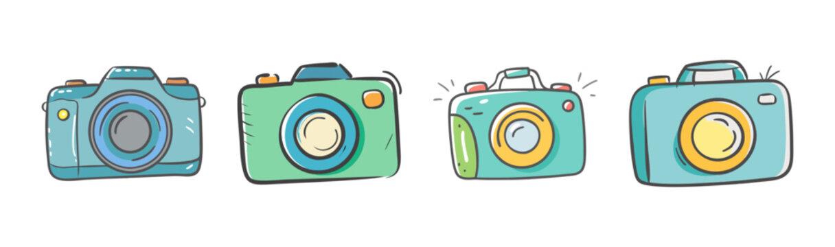 Assortment of four cute cartoon cameras for photography enthusiasts