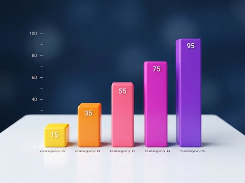 Colorful bar chart graph with five categories and numerical values on a white table top against a dark blue wall background  business data visualization