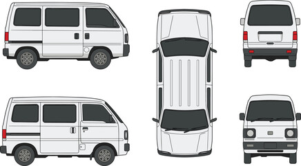White Delivery Van Vector Illustration Featuring Side Top Front and Rear Blueprint View Perspectives © VectoVerse