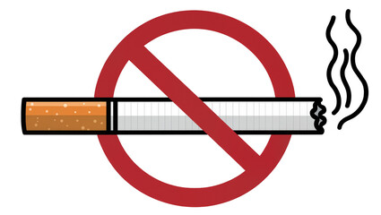 Burning lit cigarette with glowing ember and rising smoke crossed out by a bold red circle, isolated on transparent background for health campaigns © Agata