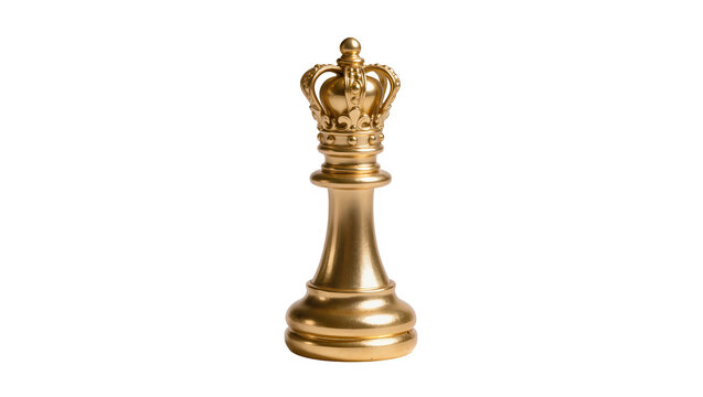 Ornate golden chess king figurine with detailed crown and cylindrical body, isolated on transparent background for royalty and strategy concepts