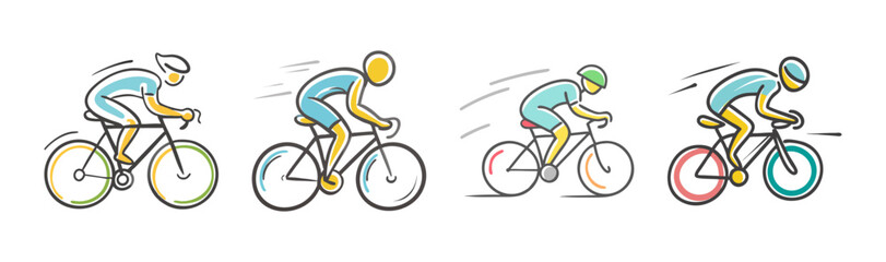 Fototapeta premium Four hand-drawn illustrations of cyclists in a sprint, showing speed and motion