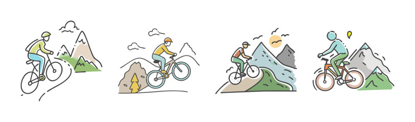 Mountain cyclist riding on a scenic trail with mountains and sun in the background. © SulaimanIslam