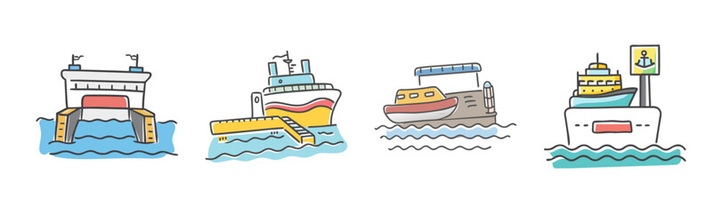 Naklejka premium Collection of four cartoon ferry boats and watercraft on wavy blue water.