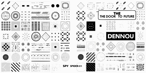 Naklejka premium Abstract geometric patterns and text collage in black and white