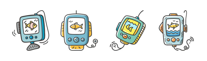 Set of four cartoon fish finder devices displaying fish icons on screens © SulaimanIslam