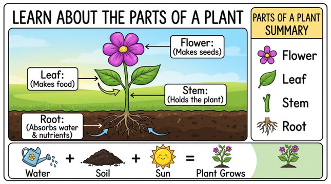 Kids Science Education Plant Parts Diagram. Colorful Illustration of Flower, Leaf, Stem, Root, and Plant Growth