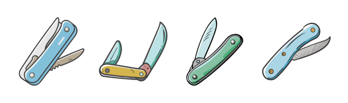 Assortment of four cartoon folding pocket knives for camping and utility tasks