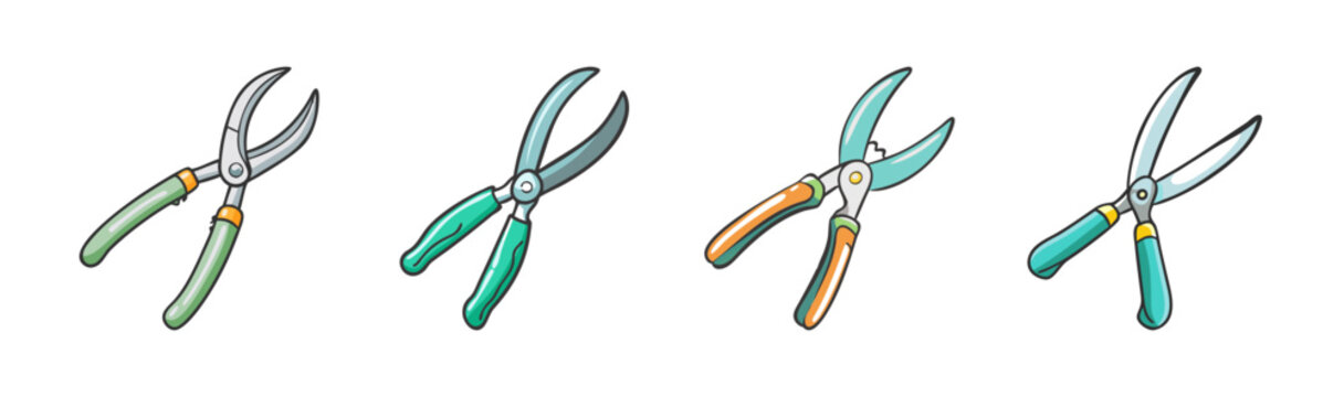 Set of four cartoon garden pruning shears and secateurs with colorful handles