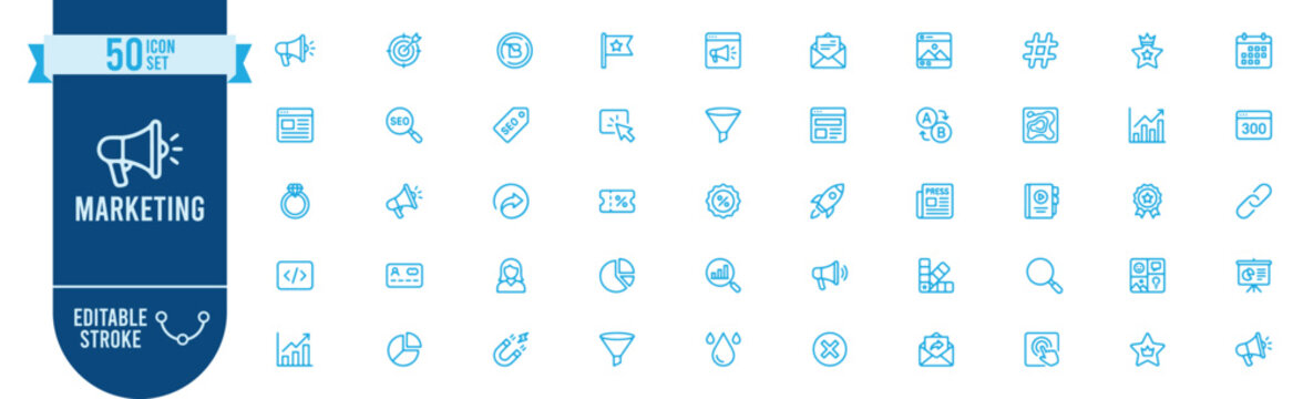 Marketing icon set. Contains icons related to SEO, social media, analytics, campaign, target, funnel, email, megaphone, hashtag, branding, growth and more. Editable stroke.