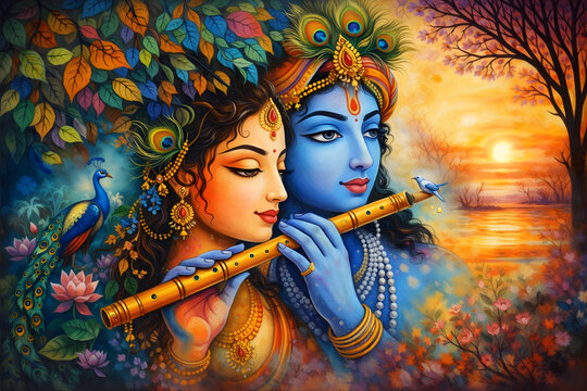 Divine Love of Radha Krishna, Beautiful Hindu God Couple, Spiritual Art Illustration in Vibrant Colors