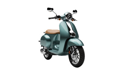 Stylish teal vintage-style electric scooter with chrome accents brown leather seat and round headlights, isolated on transparent background for transportation ads © Julie