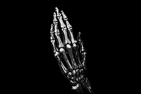 A dramatic grayscale illustration of praying skeletal hands against black