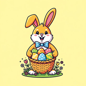 Easter picture with a rabbit carrying a basket of colorful Easter eggs on a flowering grass on a soft yellow background