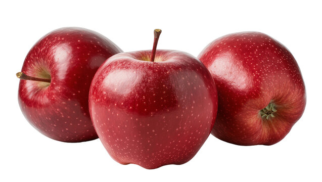 Three vibrant ripe crimson apples with subtle speckles and green stems, isolated on transparent background for healthy food promotions