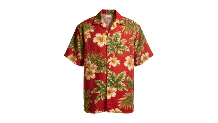 Vibrant red Hawaiian shirt displaying tropical hibiscus flowers and lush green foliage, isolated on transparent background for apparel mockups © Aline