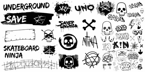 Collection of hand drawn graffiti style doodles skulls and text elements © Sanjoy