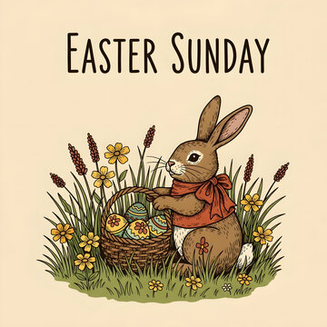 Easter picture with rabbit wearing orange clothes carrying basket of colorful Easter eggs on the flowering grass