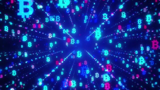 Bitcoin Symbol Digital Animation On Blue Background