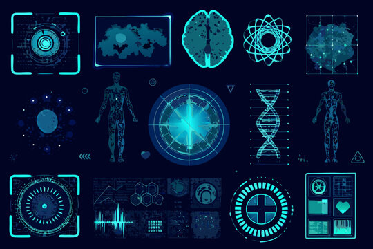 Futuristic neural network interface displaying brain scans dna and human forms