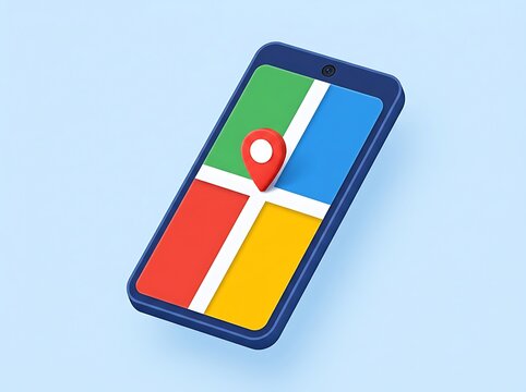 Google Maps on a smartphone screen with a red location pin on a colorful map background  navigation and location services on a mobile device
