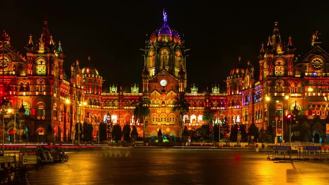 Night Time Lapse in Mumbai,Chhatrapati Shivaji Maharaj Terminus. Night TImelapse in mumbai. Traffic outside CSMT station
