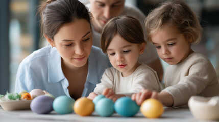 Fototapeta premium Happy family at Easter gathered around a decorated table, family bonding and holiday celebration lifestyle concept, defocused background, with copy space