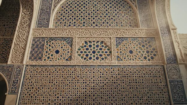 Intricate White Stone Carving With Blue Tile Mosaic Architectural Detail and Geometric Patterns