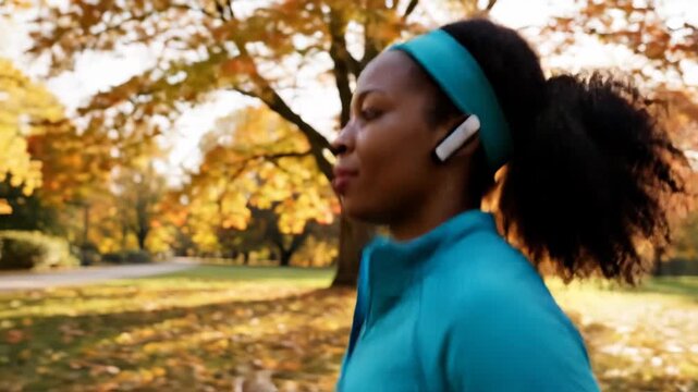 Woman running in autumn park, calm exercise for mental and physical health. Wearable technology supporting an active healthy lifestyle