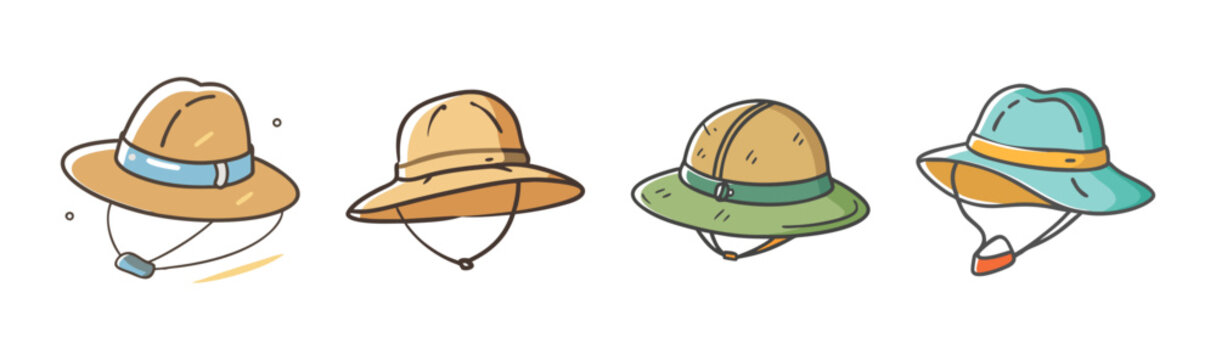 Safari sun hats collection, set of 4 outdoor adventure headwear icons, hand drawn explorer gear in earth tones, travel and camping apparel svg