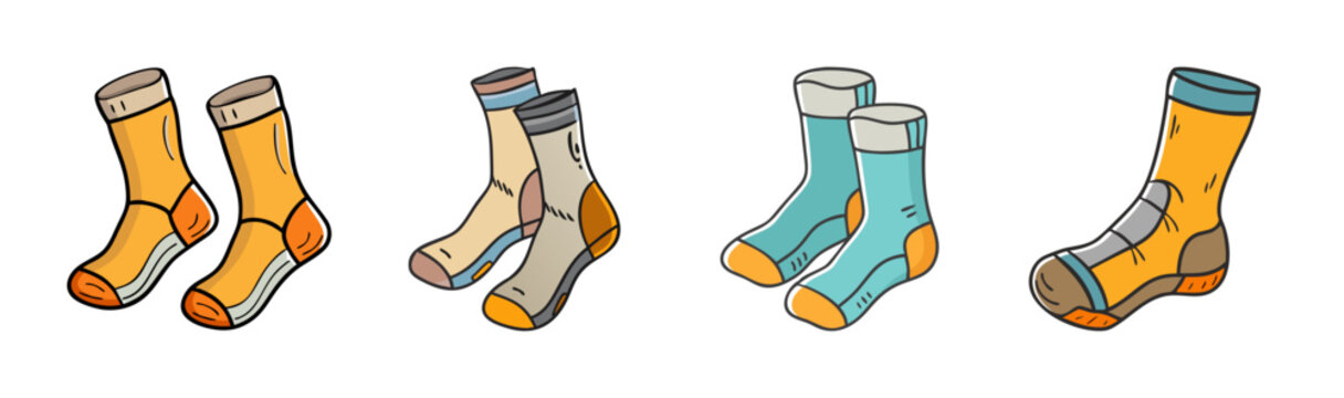 Hand drawn hiking socks collection, colorful outdoor trekking hosiery set, 4 pairs of athletic wool socks in flat vector style