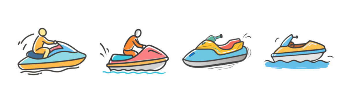 Hand-drawn jet ski icon set, colorful watercraft doodle illustrations, personal water craft vector collection for summer vacation and beach sports